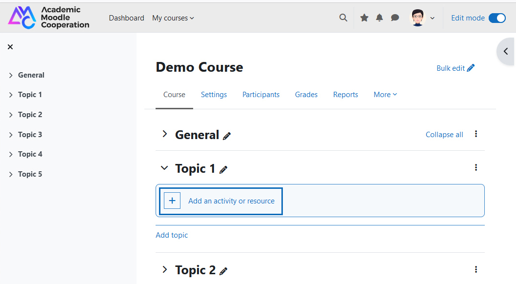 Screenshot: Course site in edit mode with 