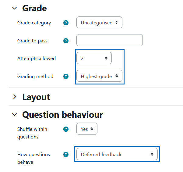 Screenshot: quiz settings grade and questions behaviour