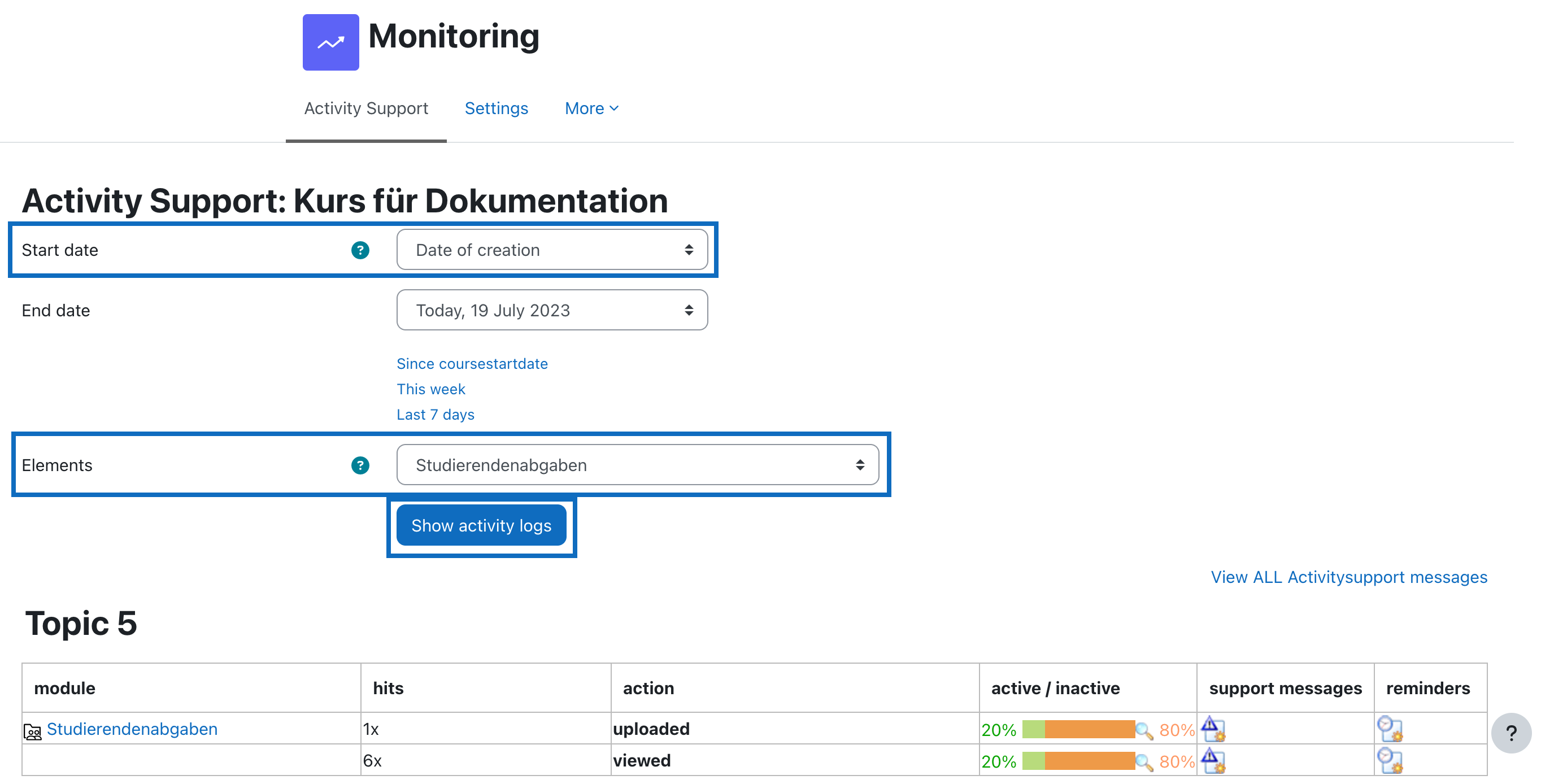 Screenshot shows settings of the drop-down menus to display log data from the beginning of a specific activity.