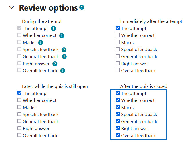 Screenshot: Quiz Review Options with different feedback
