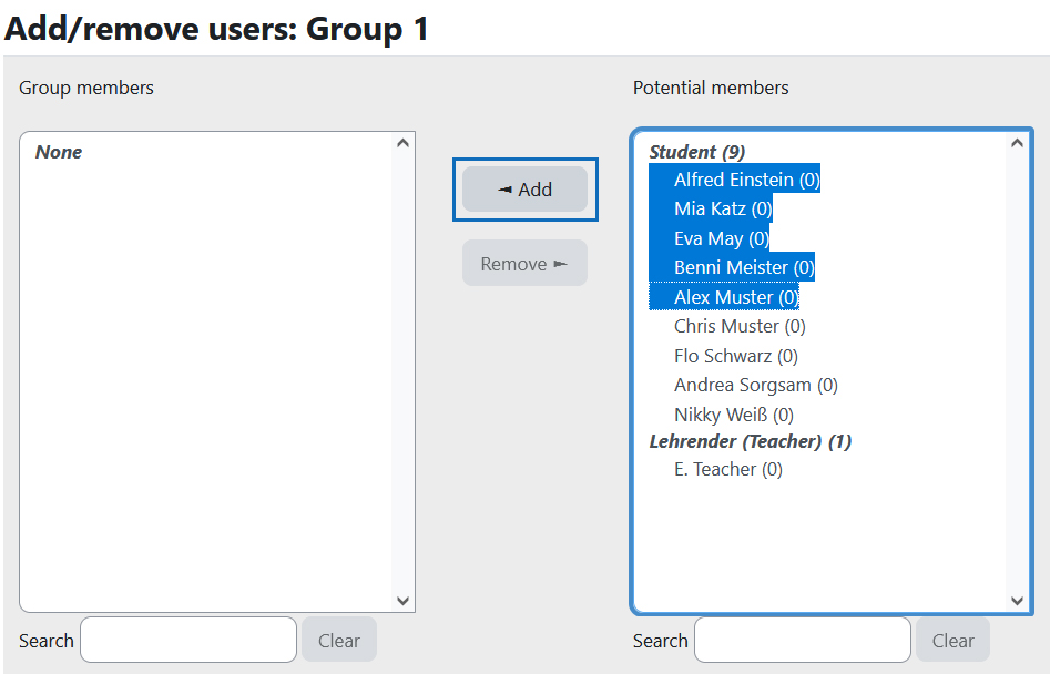 Screenshot: Mehrere Teilnehmer/innen zu einer Gruppe hinzufügen