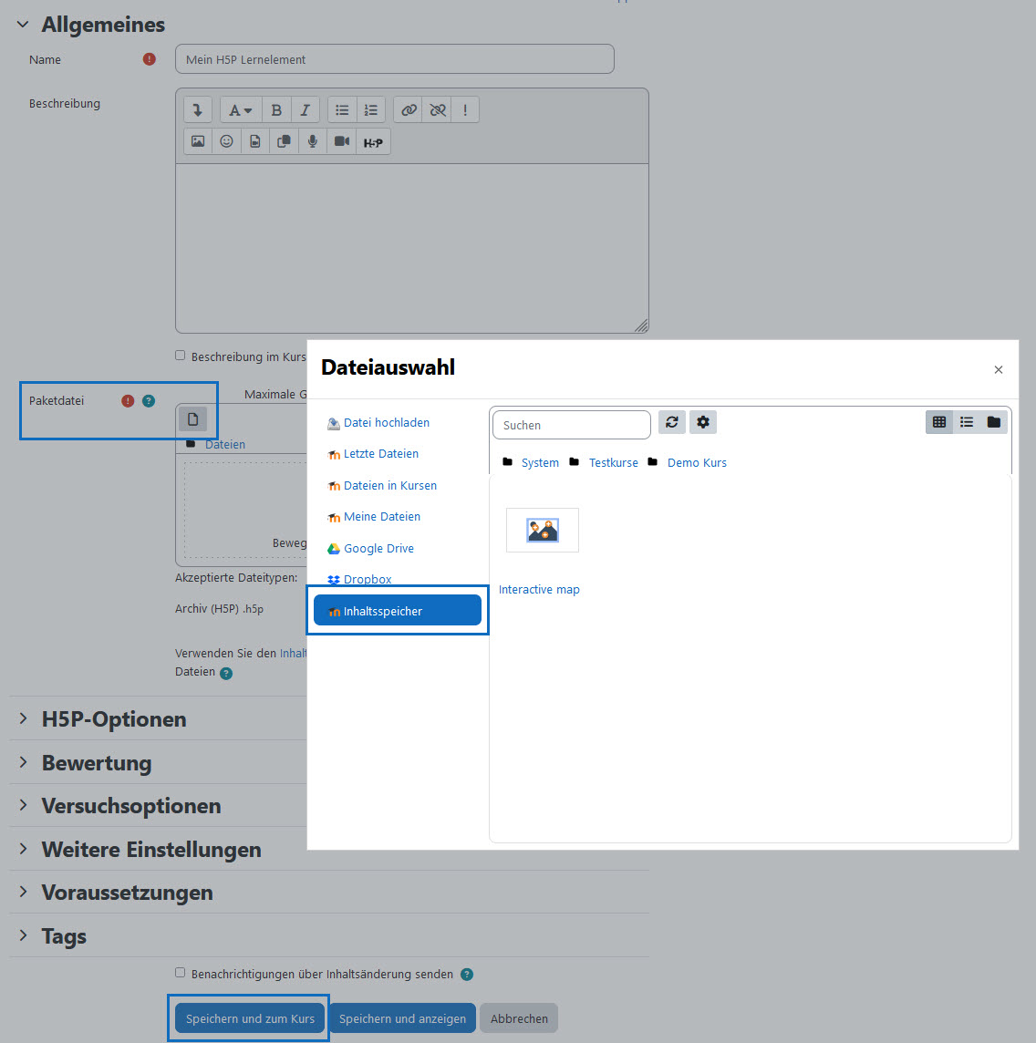 Screenshot H5P Aktivität hinzufügen