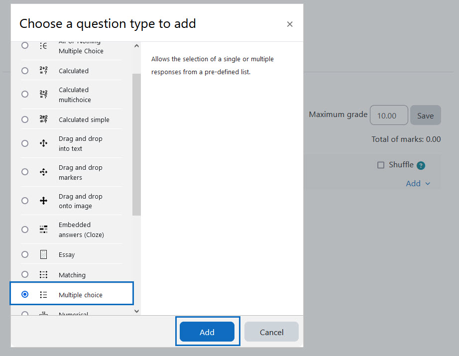 Screenshot: Question types in Moodle quiz