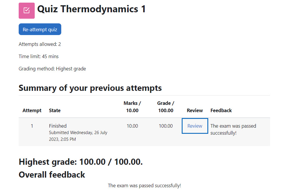 Screenshot: Feedback quiz results from the participant view