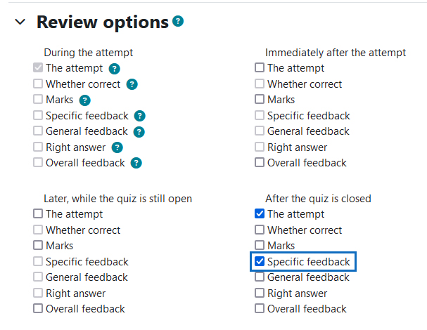 Screenshot: Review options - specific feedback