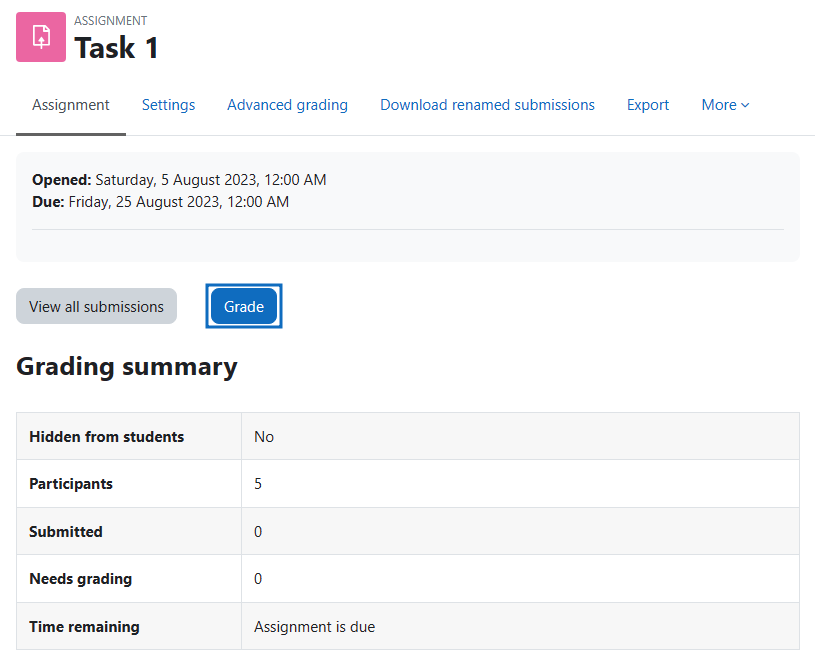 Screenshot: Grade task