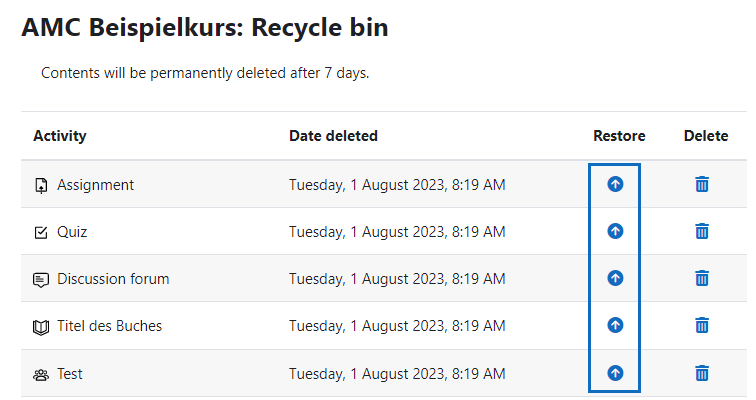 Screenshot Recycle bin restore