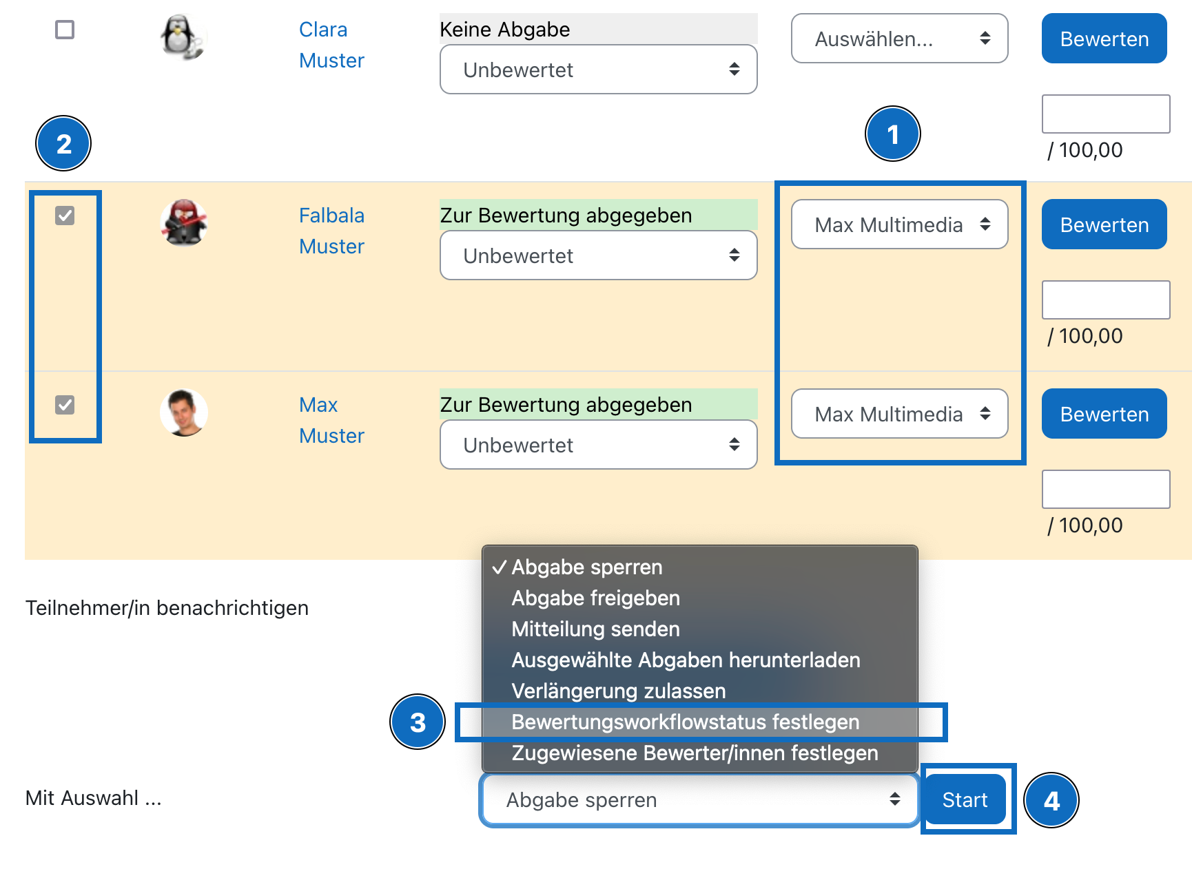Screenshot zeigt die einzelne Schritte um einen Bewertungsworkflowstatus festzulegen.
