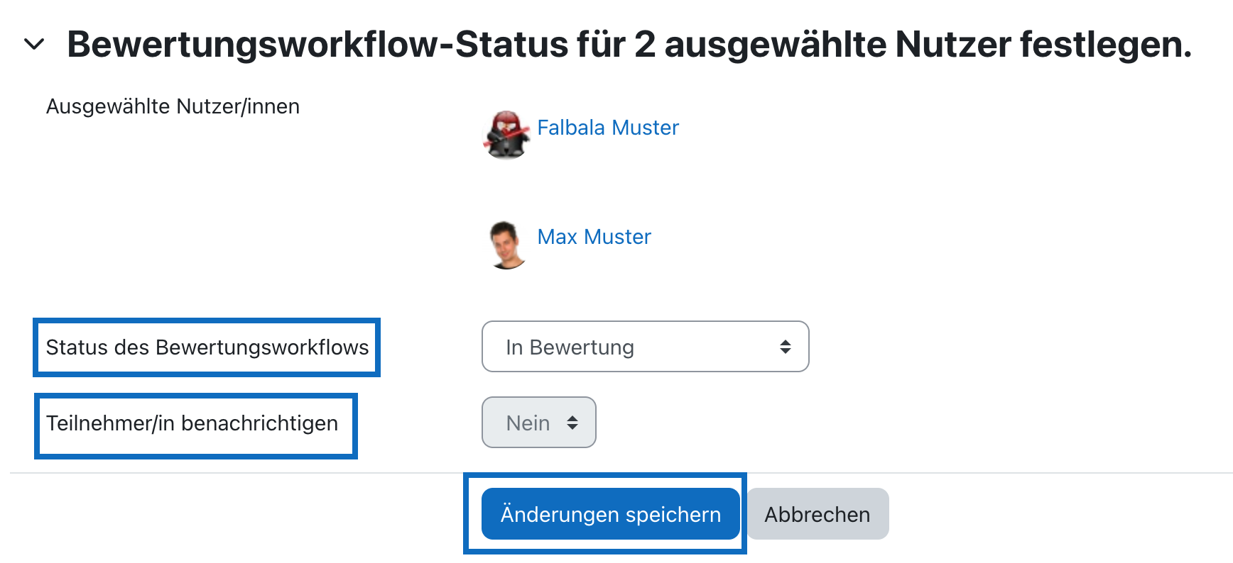 Screenshot zeigt die verschiedenen Optionen um den Bewertungsworkflow-Status festzulegen.
