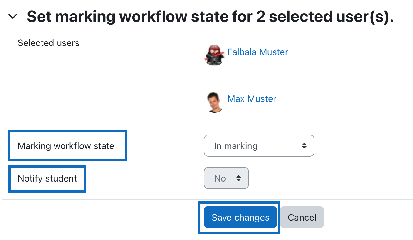 Screenshot shows the different options to set the marking workflow state.