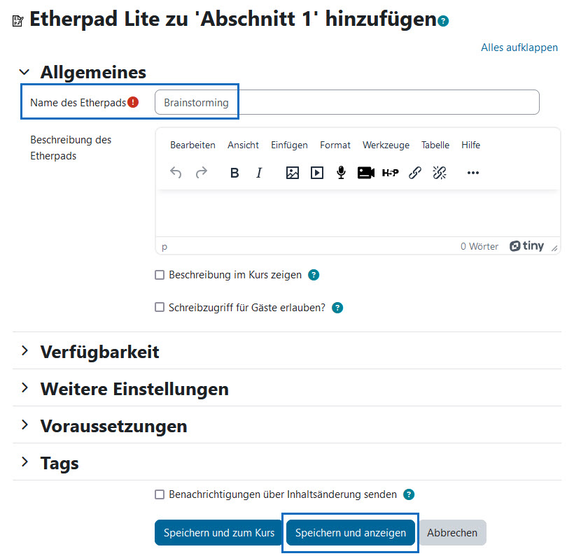 Screenshot Einstellungen Etherpad Lite