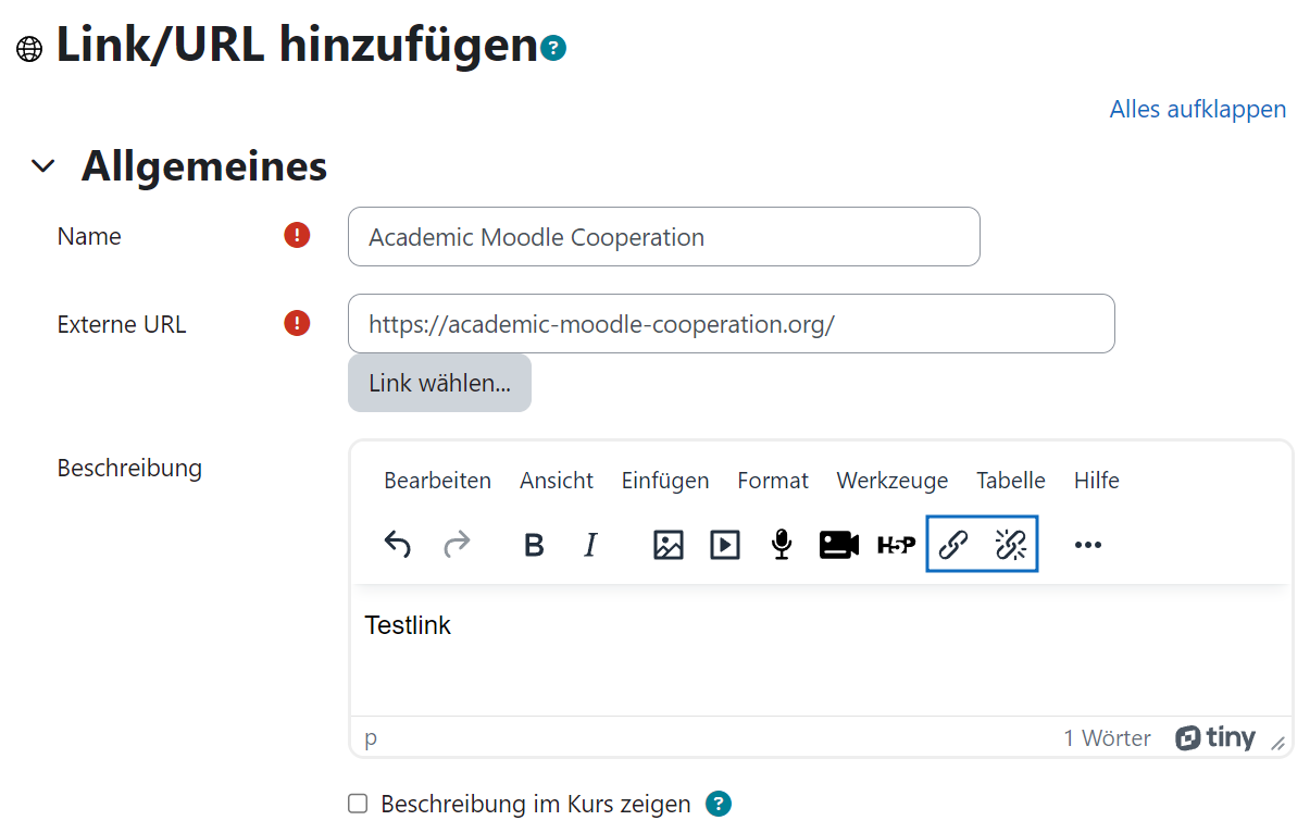 Screenshot: Linkmetadaten eingeben