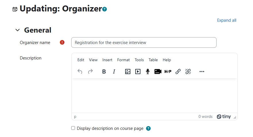 Screenshot: Set organizer name