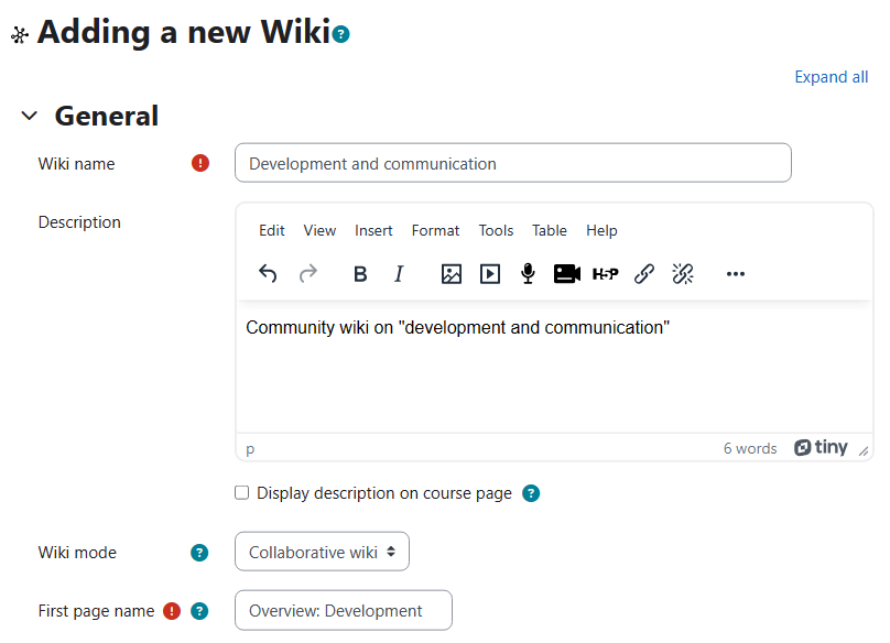 Screenshot: Set name, description and first page name of your wiki