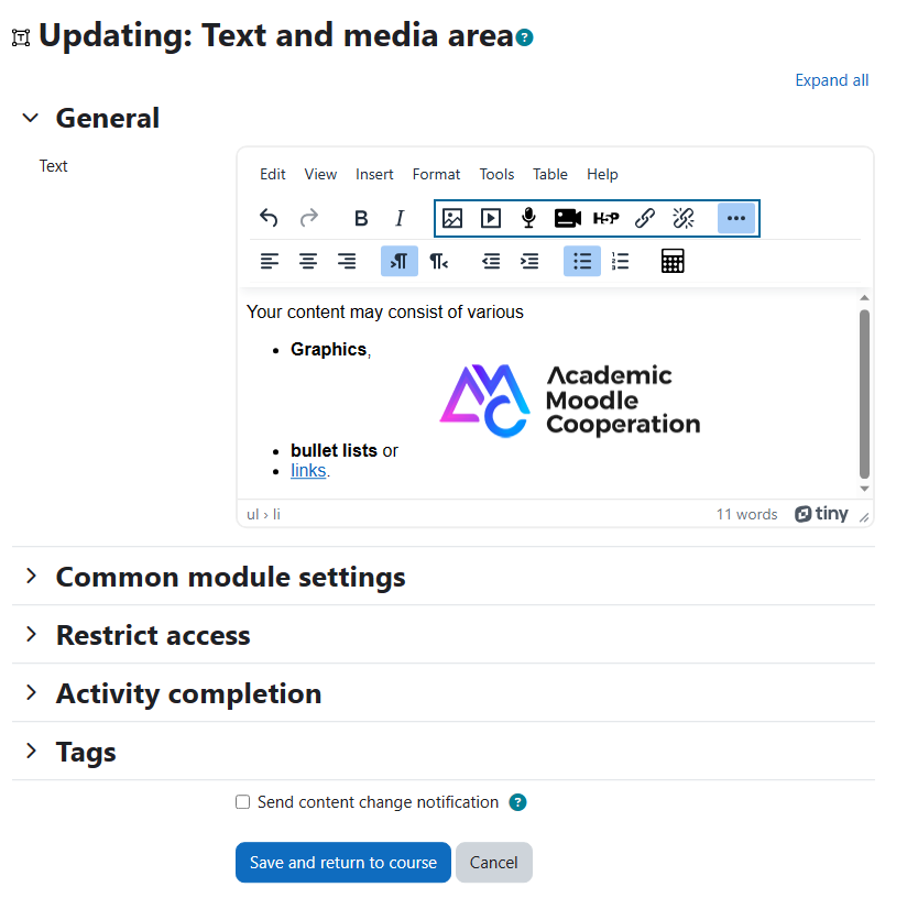 Screenshot: Edit and fill in content of text and media area