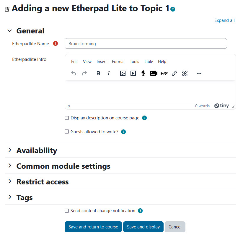 Screenshot settings Etherpad lite