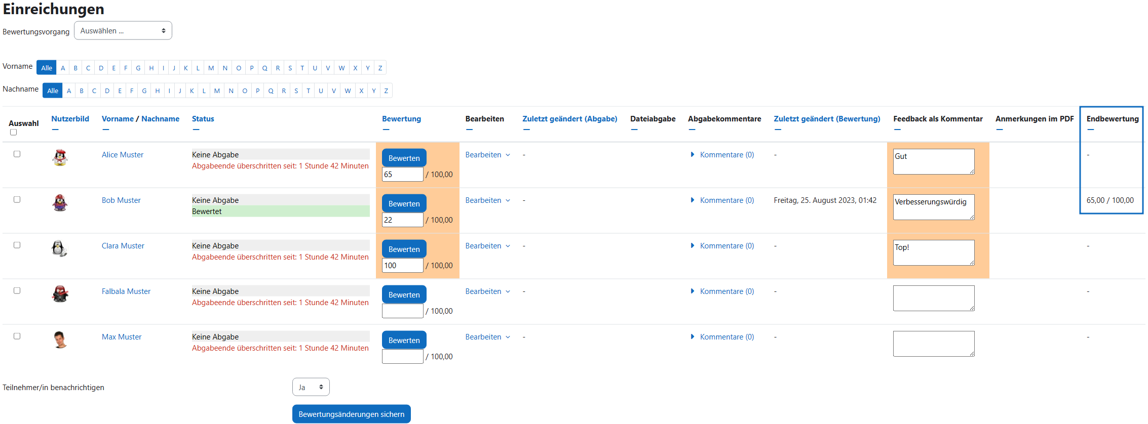 Screenshot: Einreichungen bewerten und mit Feedback versehen