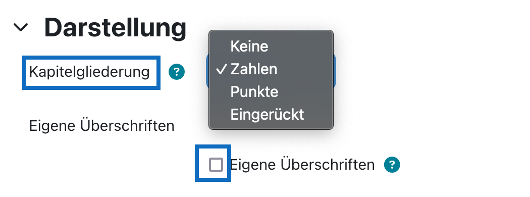 Screenshot zeigt die Optionen des Drop-down-menüs im Bereich 