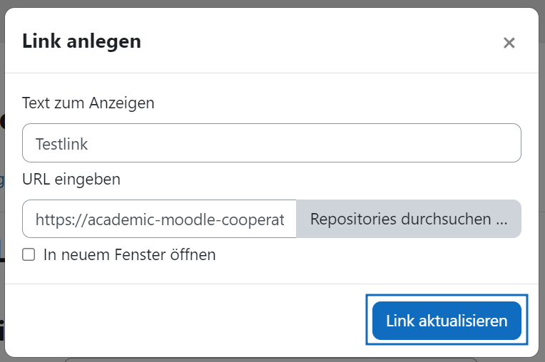 Screenshot: Dialogfenster um externen Link im Text einzubinden