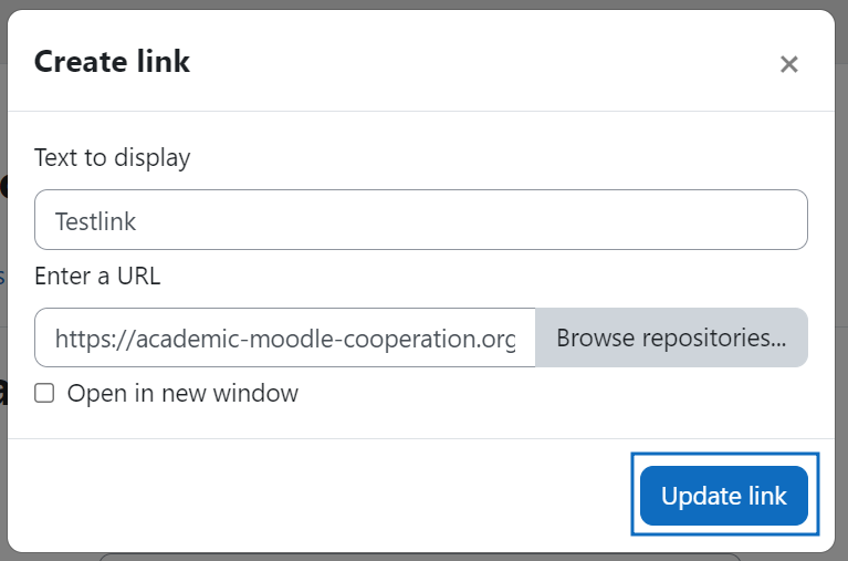 Screenshot: Dialog window to add external link in text