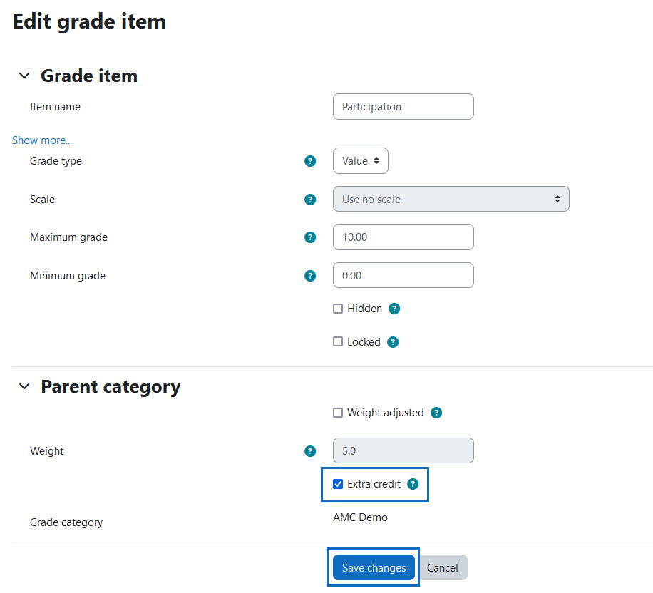 Screenshot: Declare grade item as extra credit