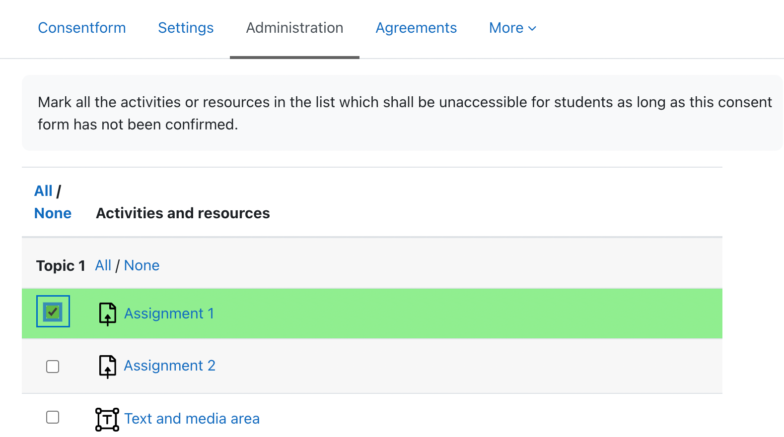 Screenshot of the activities dependent on the consentform