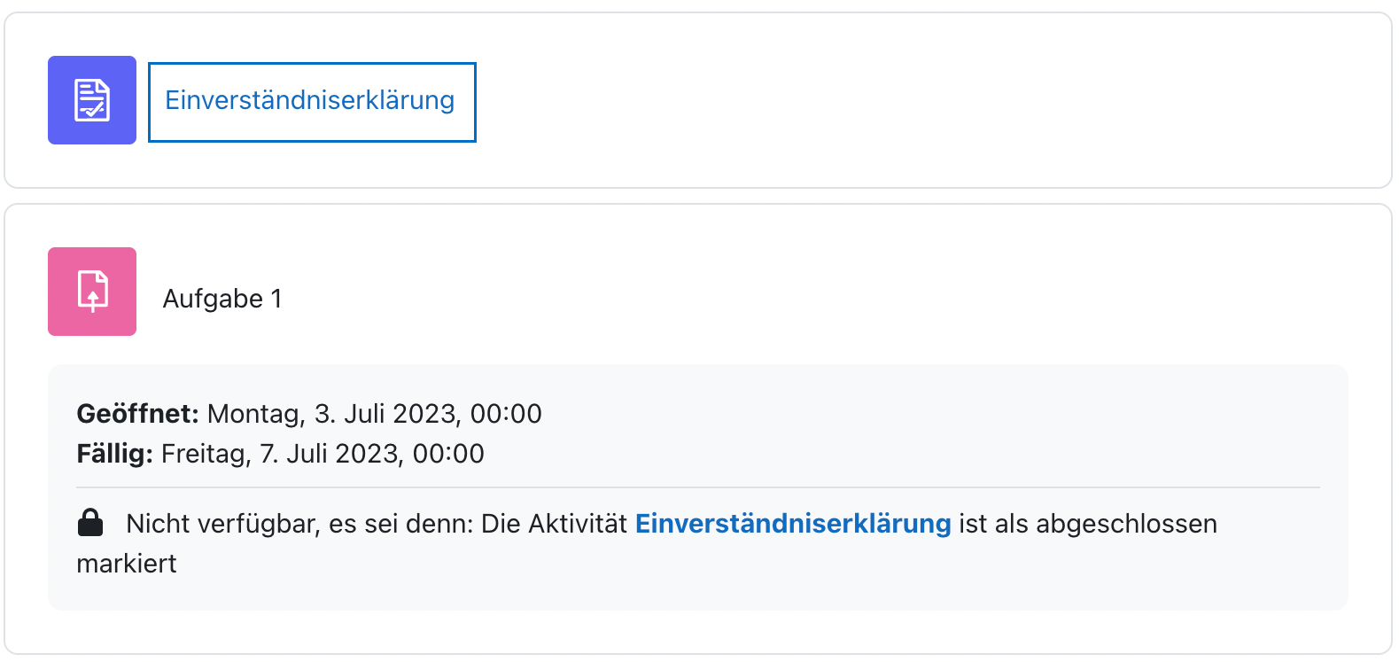 Screenshot der Studierendenansicht vor der Zustimmung der Einverständniserklärung