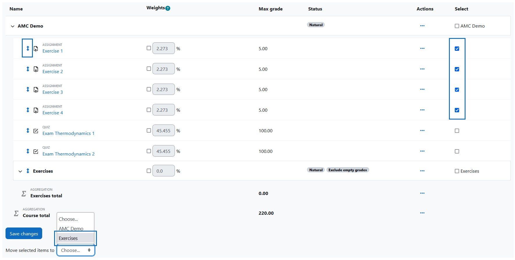 Screenshot: Select grade items and move them to a category