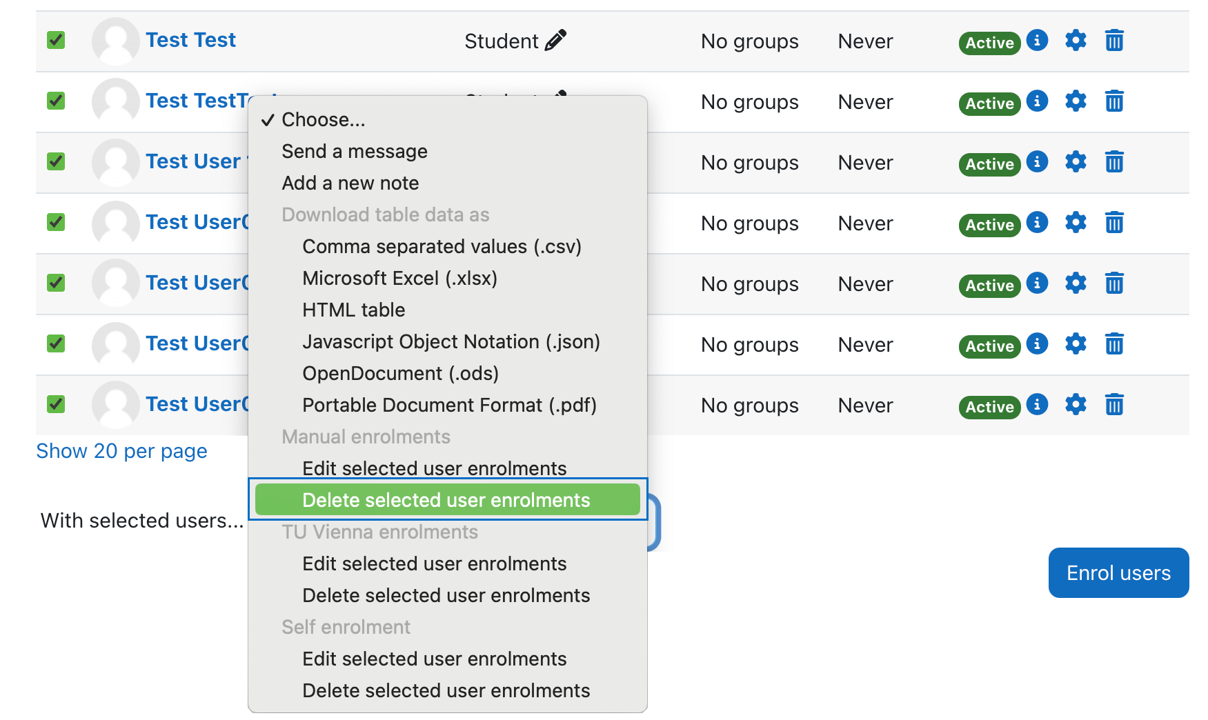 Choose the option delete selected user enrolments in the drop-down menu