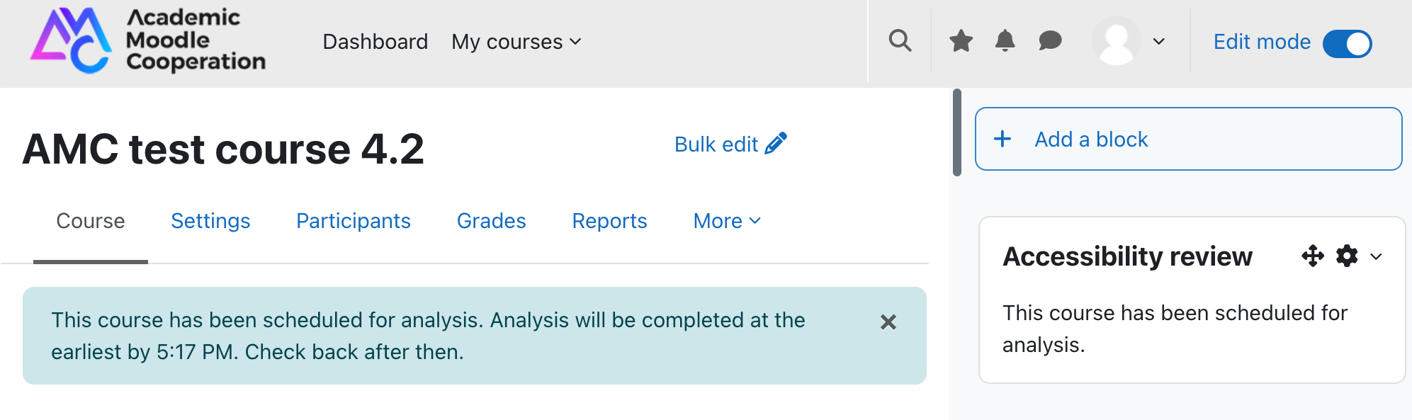 Screenshot of the message that the course has been scheduled for analysis