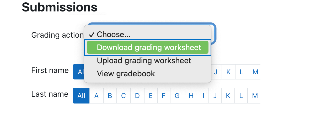 Select download grading worksheet option in the drop-down menu