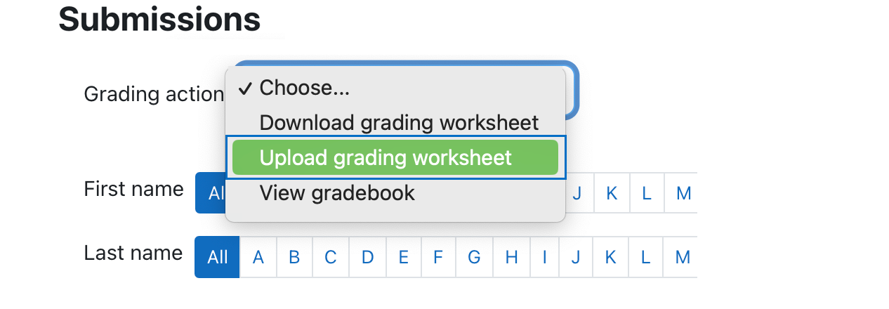 In the drop-down menu the Upload grading worksheet option is selected