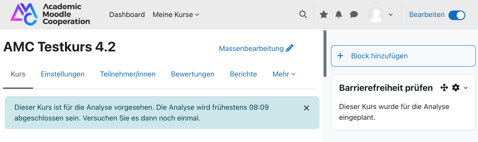 Screenshot der Meldung, dass der Kurs für die Analyse eingereicht wurde