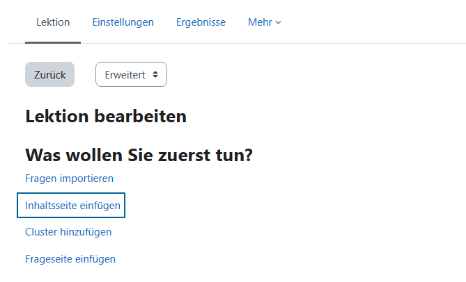 Screenshot: Inhaltsseite einfügen als Option auswählen