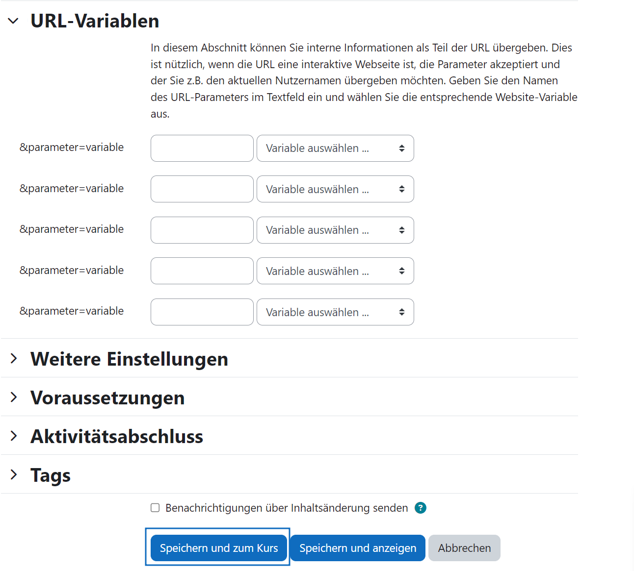 Screenshot: URL Variablen setzen und speichern