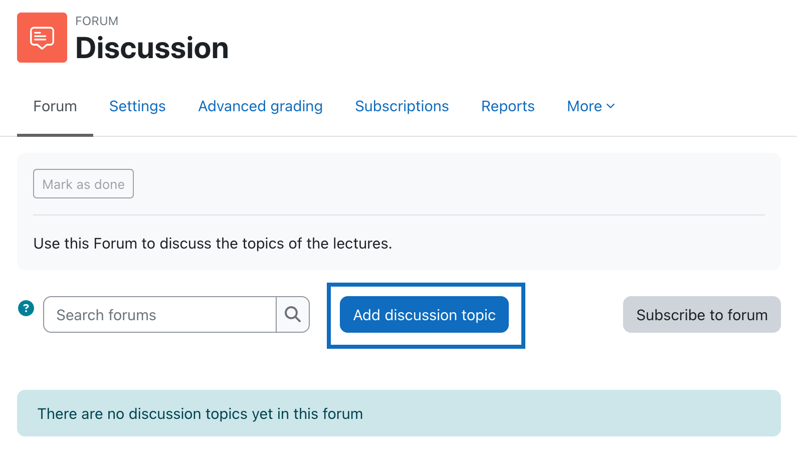 Screenshot shows the overview of the forum and the button 