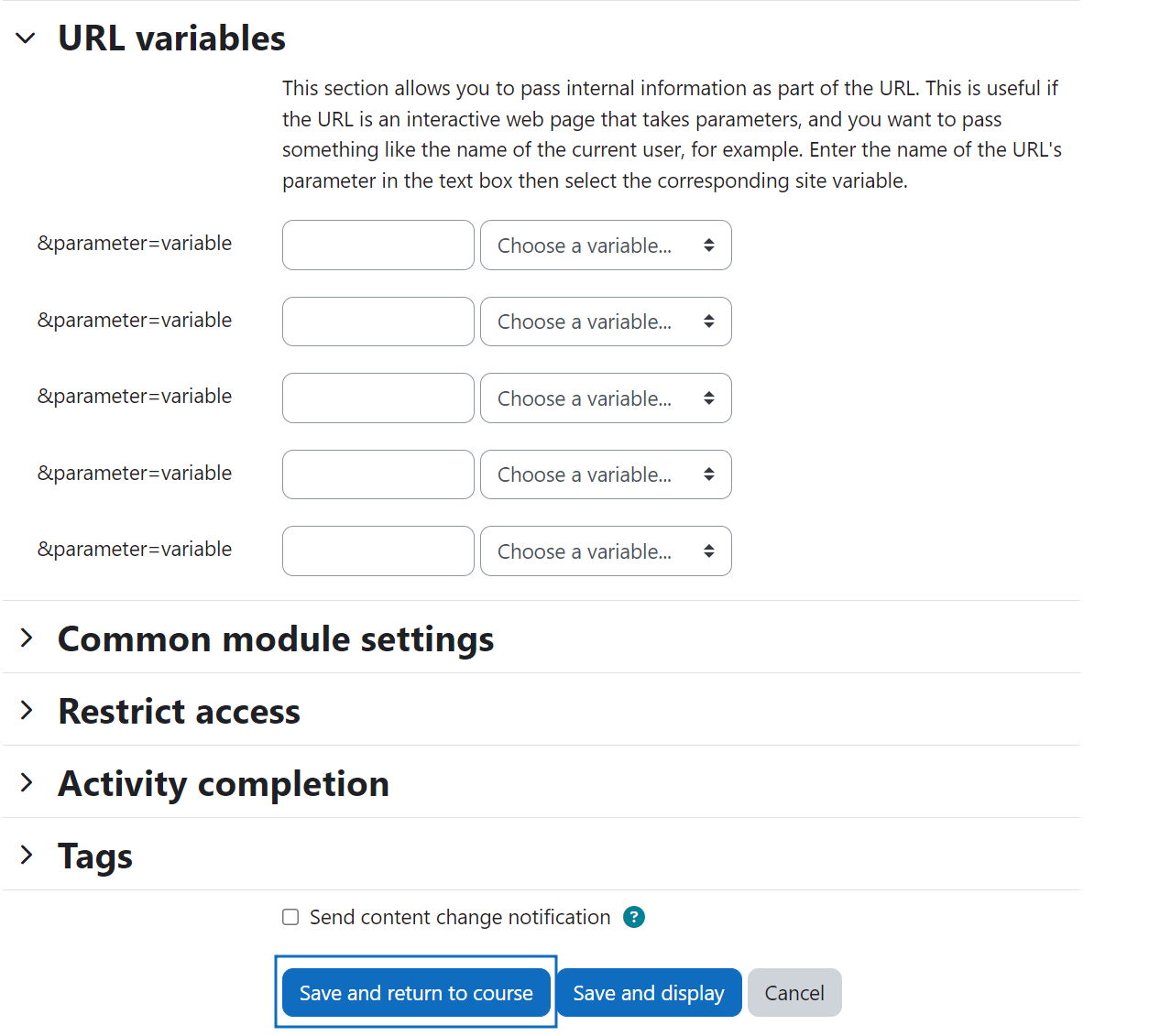 Screenshot: Set URL variables and save