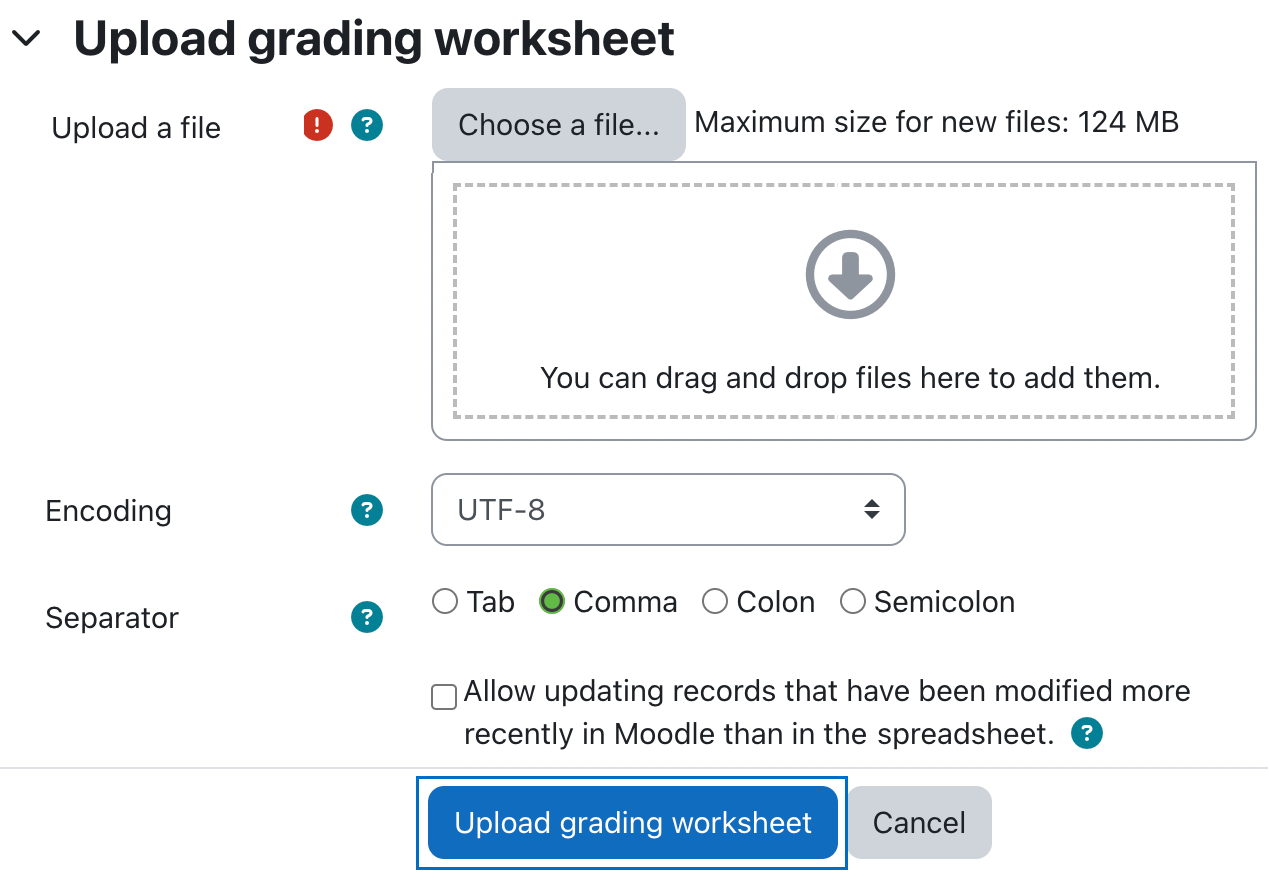 Screenshot of the dialog box for uploading the grading worksheet