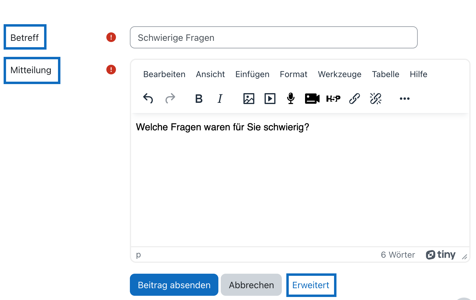 Screenshot zeigt die textfelder zum Verfassen einer Nachricht und die Schaltfläche 