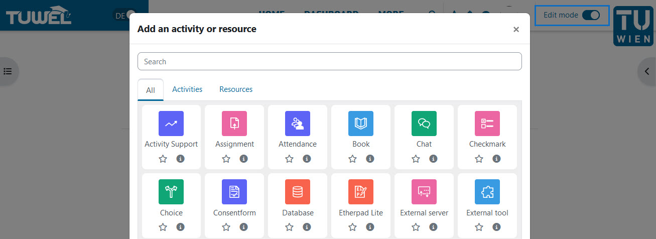Screenshot add activities and resources