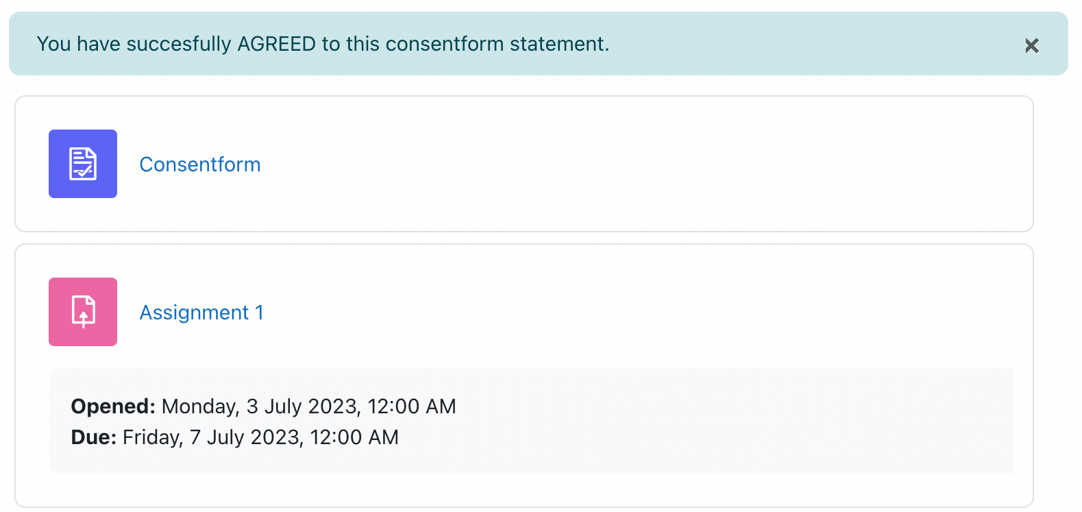 Screenshot of the student view after agreeing to the consentform statement