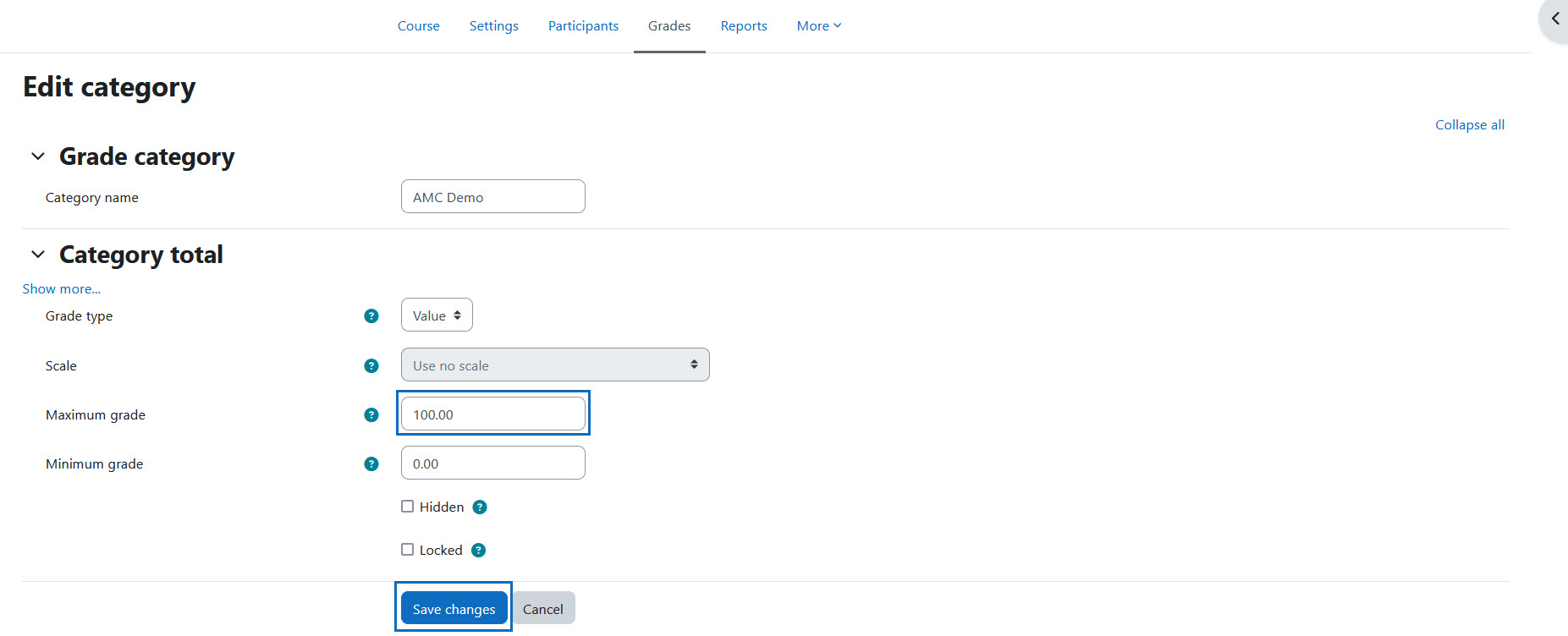 Screenshot: Edit maximum grade in grade category