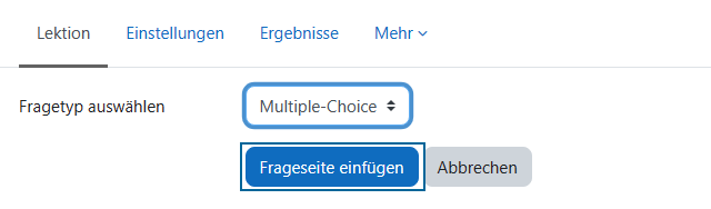 Screenshot: Multiple Choice auswählen und Frageseite einfügen