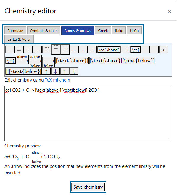 Screenshot: Call up editor for chemical formulas