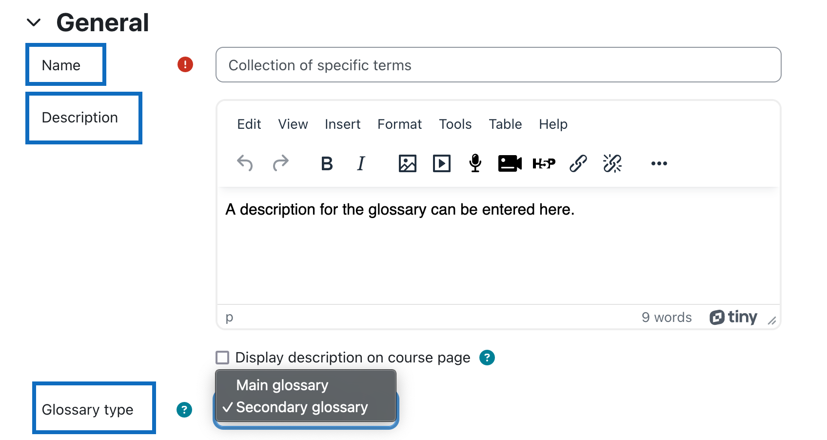 Screenshot shows text fields and entries in the section 