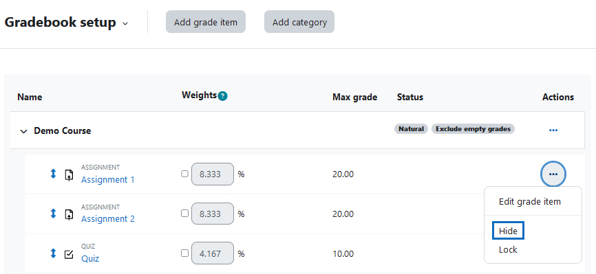 Screenshot: hide grades of an activity in the gradebook setup