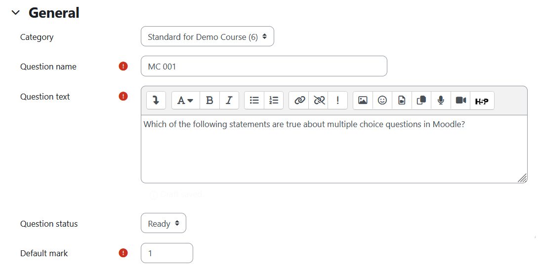 Screenshot: general settings for mc questions (category, question name, question text, default mark)