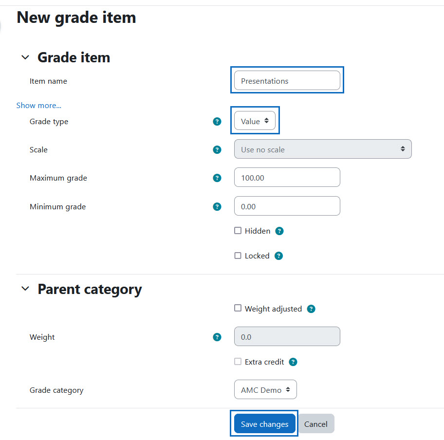 Screenshot: configure the settings of a new grade item like name and grade type