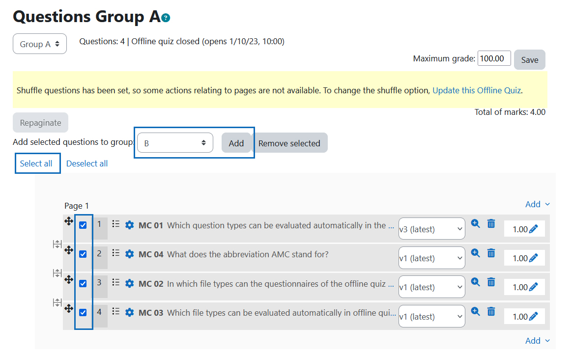Screenshot: transfer questions of a quiz group to another group