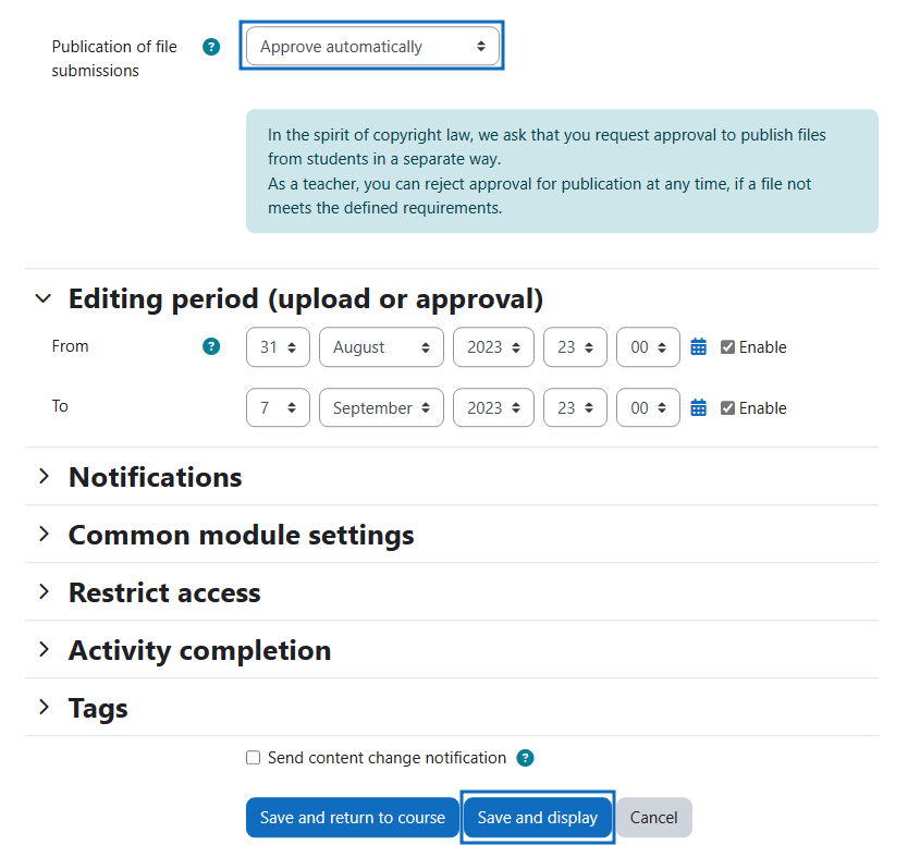 Screenshot: Set publication of file submission